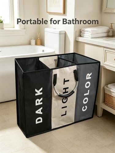 1 Pack Heavy Duty Laundry Hamper, 3 Section Sorter Organizer, Large Bin with 3 Side Pockets, Waterproof Dirty Clothes Storage