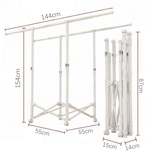 Clothes Rack, Rolling Clothes Drying Rack for Hanging Clothes Portable Foldable Laundry Rack for Air Drying Clothing Double Rods, Metal Garment Racks 21.7"*56.7"*60.6", White