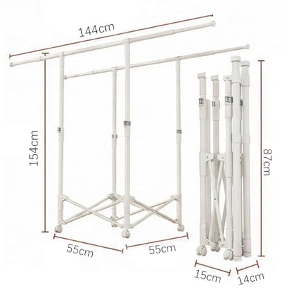 Clothes Rack, Rolling Clothes Drying Rack for Hanging Clothes Portable Foldable Laundry Rack for Air Drying Clothing Double Rods, Metal Garment Racks 21.7"*56.7"*60.6", White