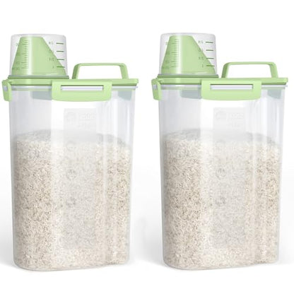 TBMax Rice Container Cereal Storage Container 2 Pack 5 Lbs, Plastic Kitchen Pantry Food Storage Container with Cup, Small Pet Dog Cat Food Dispenser -Green - color: Green 3+3Qt