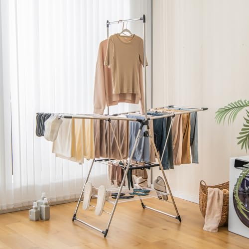 GIANTEX Foldable Clothes Drying Rack with 6-Level Adjustable Height