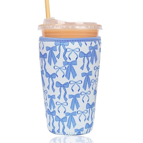 Reusable Insulated Sleeve for Iced Coffee Cup, Coffee Neoprene Sleeve for Cold & Hot Drinks, Beverage Holder for Iced Coffee (Blue Bows, Large: 32oz) - color: Blue Bows, size: Large: 32oz