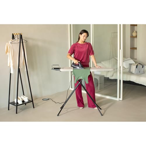 Brabantia Compact Ironing Board with Left/Right Adjustable Steam Iron Rest | Small (Size A) | Fairtrade Denim Gray Cover | Adjustable Height (27-38"), Easy Fold, Anti-Collapse Lock, Non-Slip Feet