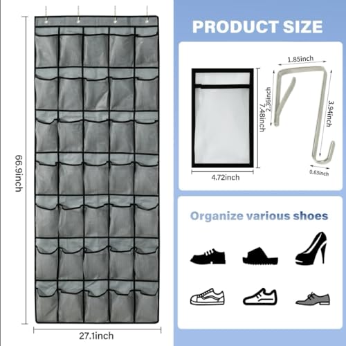 35 Pocket Over Door Shoe Organizer with 4 Metal Hooks（Grey） - color: grey, size: 66.9" x 27"