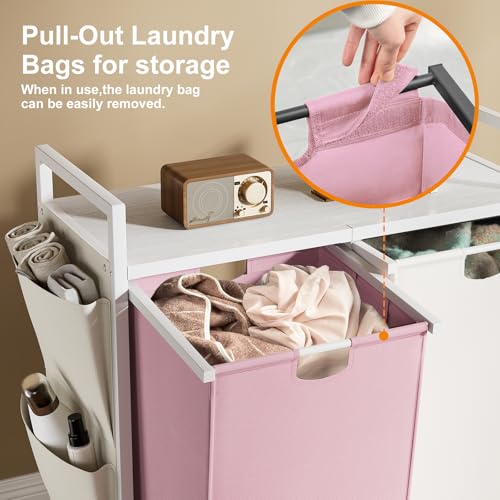 WOWLIVE Double Laundry Hamper with Wheels, Rolling Laundry Basket Organizer - color: White and Pink, size: 110l (30.0 x 13 x 32 Inches)