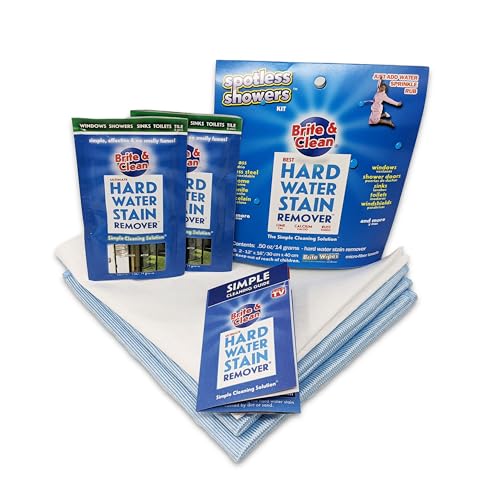 Brite & Clean® Spotless Shower Doors® Kit for Hard Water Stain Removal on Glass, Shower Doors & Windows – Removes Mineral Deposits from Granite, Porcelain, Tile, Stainless Steel & Chrome too