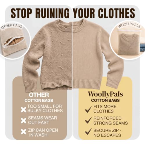 WoollyPals Large Cotton Mesh Zippered Laundry Bags (16" x 20") – 2-Pack with Storage Pouch – Washer & Dryer Safe, Durable Zipper, Breathable Mesh for Clothes, Delicates, Underwear, Shoes & Lingerie
