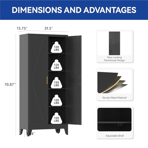 COFaR Metal Pantry Cabinet with Doors, Farmhouse 71'' Tall Storage Cabinet with 4 Adjustable Shelves, Kitchen Pantry Cabinet for Dinning Room, Garage, Laundry, Bathroom, Black 5-Tier - color: Black, size: 71'' 2 Doors 0 Drawer-Barn Door