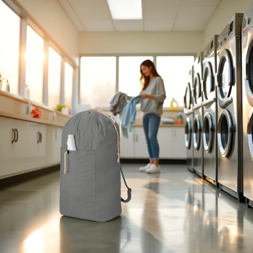 Laundry Bag Backpack, Canvas Laundry Bag with Straps & Drawstring, Grey XL - color: Grey, size: X-Large