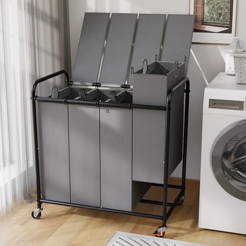 180L Laundry Sorter 4 Section with Lockable Wheels and Lid Grey - color: Grey-4 Sec, size: 48Gal