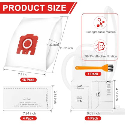 16 Pack 3D Airclean FJM Vacuum Cleaner Bags for Miele Compact C1 Compact C2