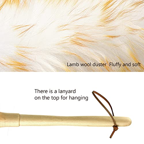 Lambswool Duster 14'' Length Solid Wooden Handle Leather Hang Strap for Cleaning Ceiling Fans Window Blinds Computer Furniture Figurines TV Natural Feather Duster,Yellow+White - color: Yellow+white, size: 14 Inch