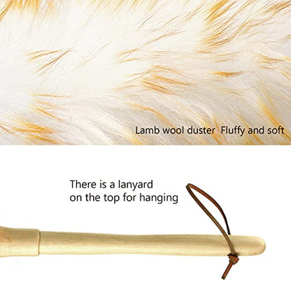 Lambswool Duster 14'' Length Solid Wooden Handle Leather Hang Strap for Cleaning Ceiling Fans Window Blinds Computer Furniture Figurines TV Natural Feather Duster,Yellow+White - color: Yellow+white, size: 14 Inch