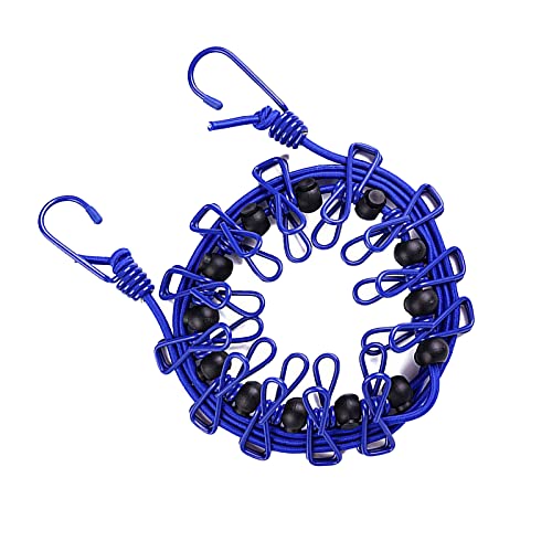 Portable Elastic Clothesline, Outdoor Retractable Clothesline, with 12 Clothespins and 13 Spring Buckles, Suitable for Home, Travel, and Camping Accessories (Blue)