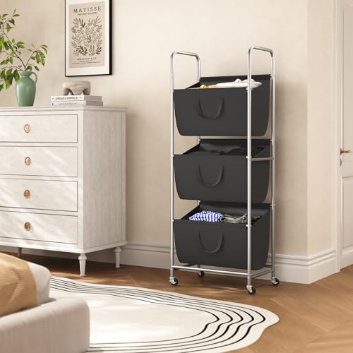 ELYKEN 3-Tier Vertical Rolling Laundry Hamper with Wheels & Removable Bags - color: Black