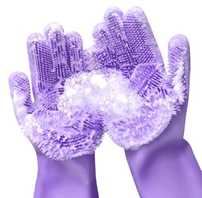 Silicone Dishwashing Scrubber Gloves, Reusable Cleaning Gloves with Built-In Scrubbing Bristles - color: Purple