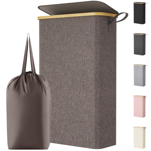 Lifewit 65L Slim Laundry Hamper with Lid and Removable Bag, Brown - color: Brown, size: 65L