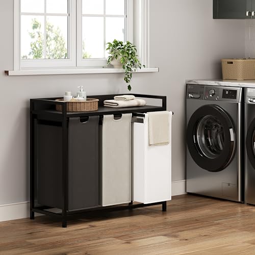 Herture Laundry Hampers with Shelf, Laundry Basket 3 Section, 3 x 15.87 Gal - color: Black + 3-Color, size: 3 Bags-180 L