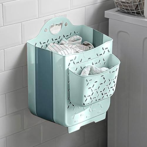 2PCS Hanging Laundry Baskets with Carry Handle, Foldable Plastic Laundry Hamper, Wall Hanging Storage Basket, Dirty Clothes Storage Bin Multi-function Storage Container, Set of 2 (Blue,Small) - color: Blue