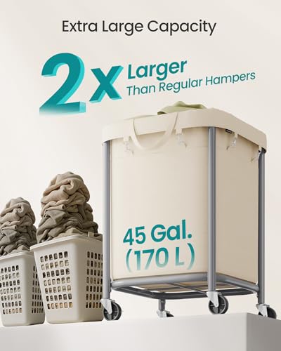 SONGMICS Laundry Basket with Wheels, 170L, Steel Frame, Removable Bag - color: Dove Gray + Cream White, size: 140 L (2-Section)