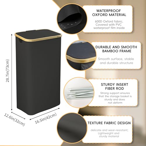 2-Pack 100L Bathroom Dirty Clothes Basket, Laundry Hamper with Lid, Collapsible Laundry Basket, Bedroom Storage Case with Bamboo Support, with Handles and Removable Inner Bag (Black) - color: Black