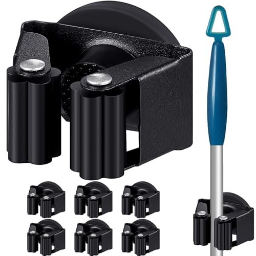 Vercraft 6 Pcs Magnetic Broom Holder Wall Mounted Anti Slip Rack,Black - color: Black