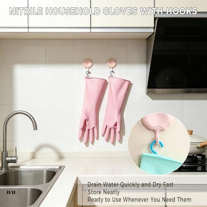 Dishwashing Gloves Reusable Cleaning Gloves Durable and Comfortable with Hooks, Pink, Purple, Green, 3 Pairs - size: Small