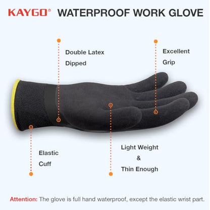 KAYGO Waterproof Work Gloves, Non-Slip Double Latex Coated, KG150 - color: Black, size: Medium