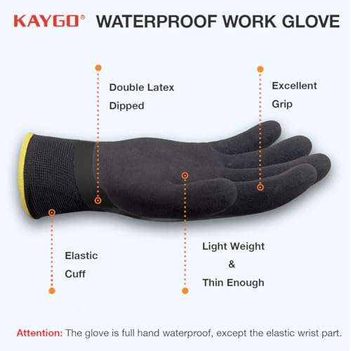 KAYGO Waterproof Work Gloves, Non-Slip Double Latex Coated, KG150 - color: Black, size: Medium
