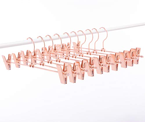 13 Inch Heavy Duty Rose Gold Copper Metal Slack Hanger, Pants & Skirt Hanger with Adjustable Clips - Pack of 10pcs (Rose Gold, 10)