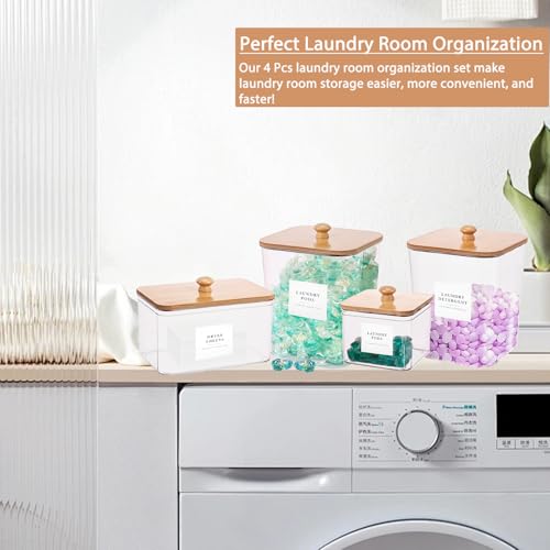 4 Pack Laundry Pods Container,Clear Dryer Sheet Holder & Laundry Room Organization and Storage with Lids, Scoops & Labels for Laundry Detergent, Powder, Dryer Balls, Beads (Clear) - color: Clear