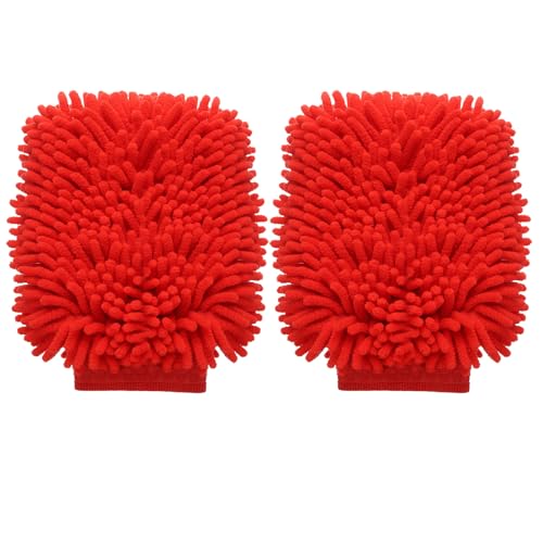 HARFINGTON 2pcs Chenille Microfiber Car Wash Mitts 10" x 7.5" Scratch Free Wash Gloves Absorbent Double Sided Plush Cleaning Drying Mitts for Car Washing Home Clean Red - color: Red