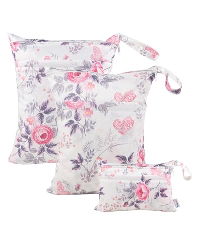 ALVABABY 3 Pack Wet Dry Bags for Cloth Diapers, Swimsuits & Gym Clothes, Waterproof Reusable Baby Diaper Bag with 2-Zippered Compartments, Hanging Strap, Machine Washable, Small/Medium/Large for Dayca - color: Flowers