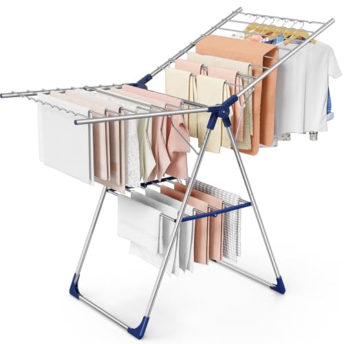 Sakugi Clothes Drying Rack, 55.5" Adjustable Wings, Foldable Design - color: Silver & Blue, size: Large (55.5"L x 22.8"W x 36.6"H)