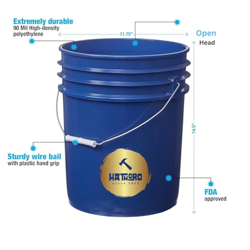 5 Gallon Food Grade Plastic Bucket, Open Head Pail with Handle, 12-3/8 in Diameter x 14-3/4 in Height (Blue, 2 Pack) - color: Blue, size: 2 Pack