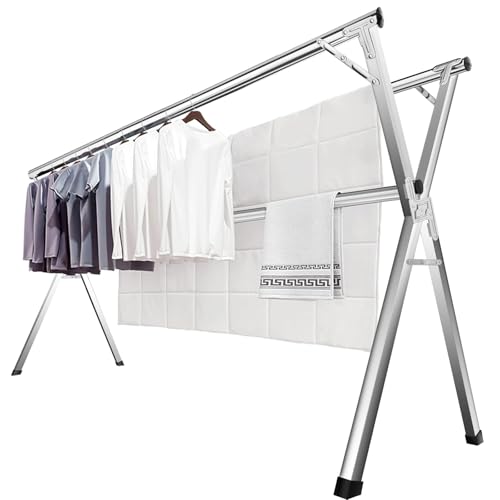 JAUREE 63 Inches Clothes Drying Rack, Drying Rack Clothing Folding Indoor Outdoor, Heavy Duty Stainless Steel Laundry Rack, Foldable Portable Large Clothes Rack Garment Rack with 20 Windproof Hooks - color: Silver, size: 63"