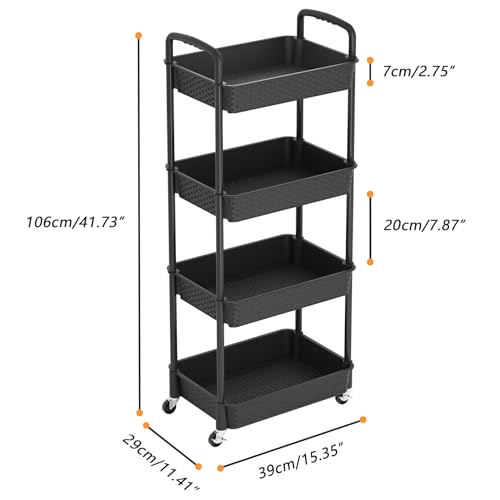 MOYIPIN 4-Tier Plastic Rolling Utility Cart with Handle, Black - color: Black, size: 4-Tiers without cups