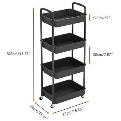 MOYIPIN 4-Tier Plastic Rolling Utility Cart with Handle, Black - color: Black, size: 4-Tiers without cups