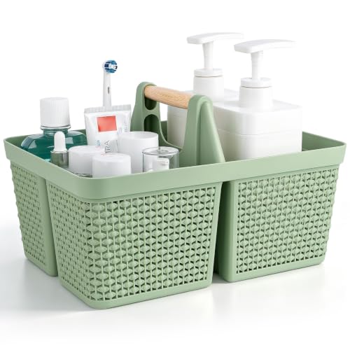 UUJOLY Portable Plastic Shower Caddy Basket with Wooden Handle, Green - color: Green