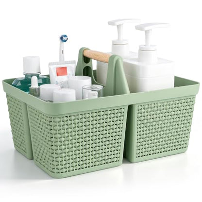 UUJOLY Portable Plastic Shower Caddy Basket with Wooden Handle, Green - color: Green