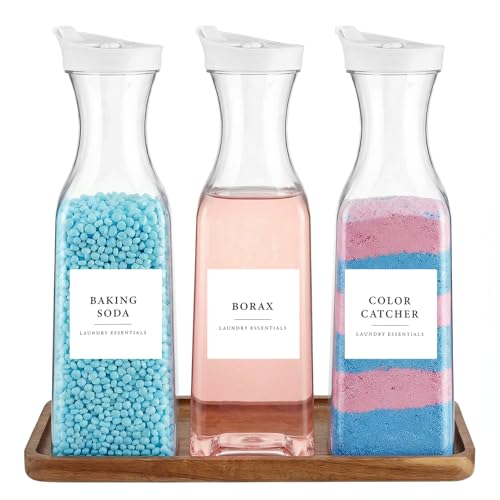 3 Pack Laundry Detergent Dispenser, 54 oz Laundry Soap Dispenser with Tray and 18 Labels, Plastic Fabric Softener Dispensers, Liquid Laundrys Detergent Container for Liquid, Bleach, Scent Booster Bead