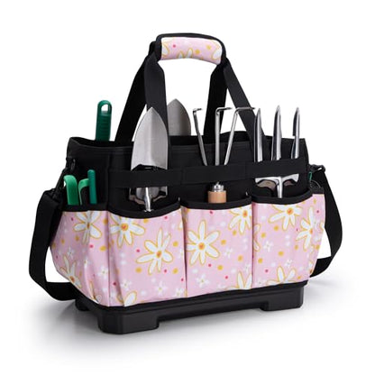 Marscamd Garden Tool Bag with Hard Bottom, Garden Tote with Shoulder Strap - color: Pink Sunflower