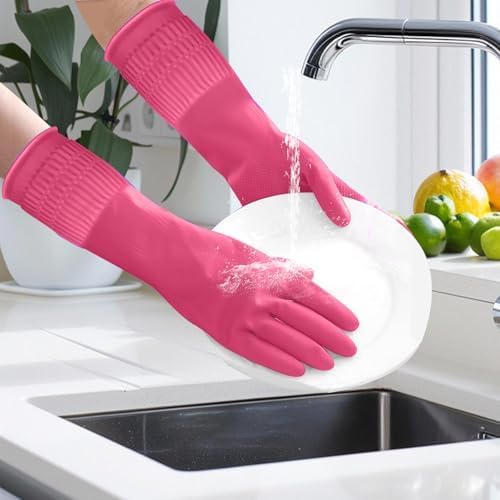 Rubber Gloves for Cleaning with Long Cuffs Waterproof Dishwashing Household Gloves with Grip for Kitchen Bathroom - color: 3PC-Multicolor, size: Large