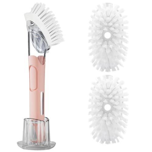 RIMAY Soap Dispensing Dish Brush Set with 2 Brush Refills and Holder - color: Pink