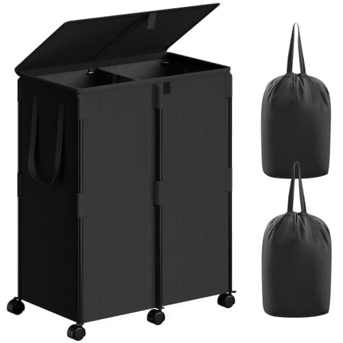 160L Double Laundry Hamper with Lid and 6 Wheels, Rolling Laundry Basket - color: Black, size: 160L(24.8"L x 14.2"W x 29.92"H)