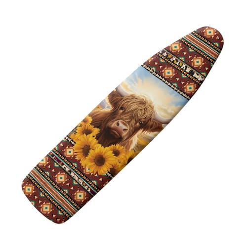 Boho Sunflower Cow Iron Board Cover for Standard Boards Resists Staining and Scorching Elasticized Edges and Fasteners Ironing Board Protector Washable Standard Size Easy to Install - color: Boho Sunflower Cow