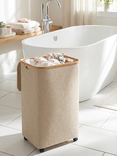 efluky Laundry Basket with Wheels, Tall Rolling Laundry Hamper with Lid and Removable Bag, Aesthetic Dirty Clothes Hamper on Wheels for Laundry Room, Bedroom, Dorm and Bathroom, 100L Oatmeal - color: Oatmeal, size: 100L