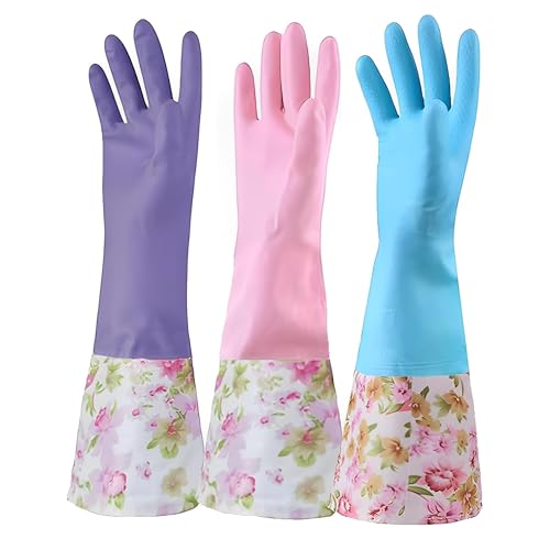 KINGFINGER Cleaning Glove, 3 Pairs Kitchen Glove for Washing Dishes, Latex Free Reusable Elbow Length Household Gloves - size: Large