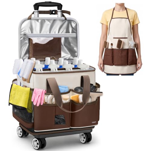 Ytonet Cleaning Caddy with 4 Spinner Wheels, Rolling Cleaning Caddy Bag - color: Beige Brown
