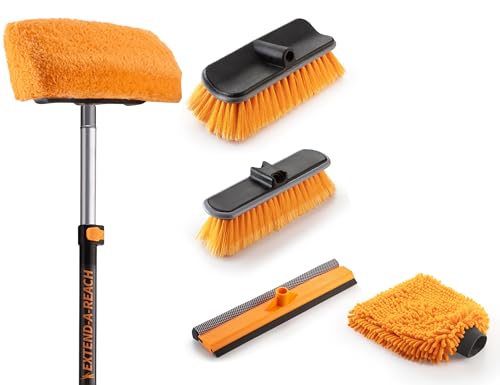 14 Foot Exterior House Cleaning Brush Set with 5-8 ft Extension Pole & Chenile Microfiber Wash Mitt // Vinyl Siding Brushes with Telescopic Pole & Window Squeegee Tool // Extension Scrub Brush Set